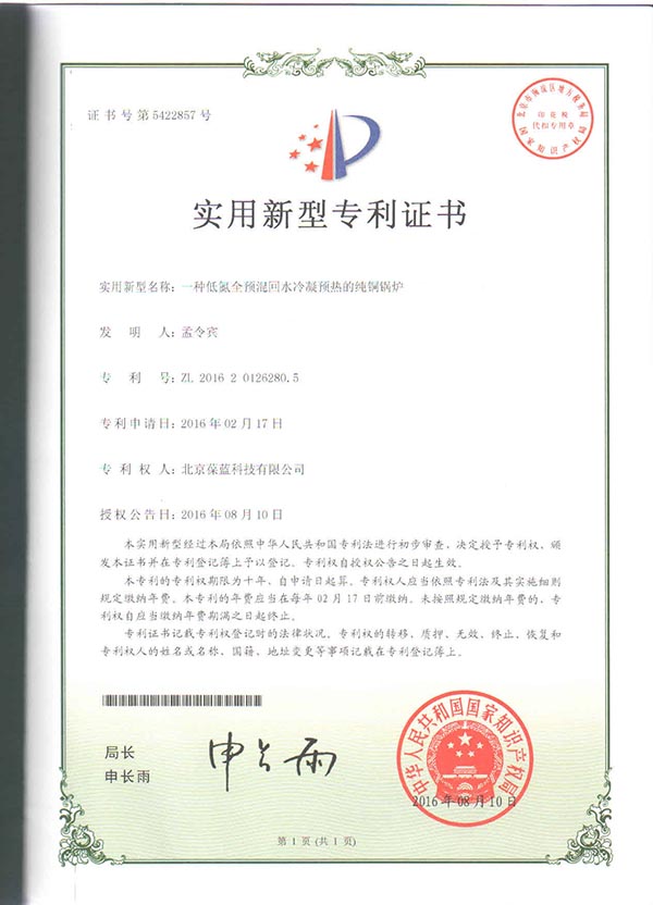 葆藍(lán)專低氮銅管鍋爐 專利技術(shù)